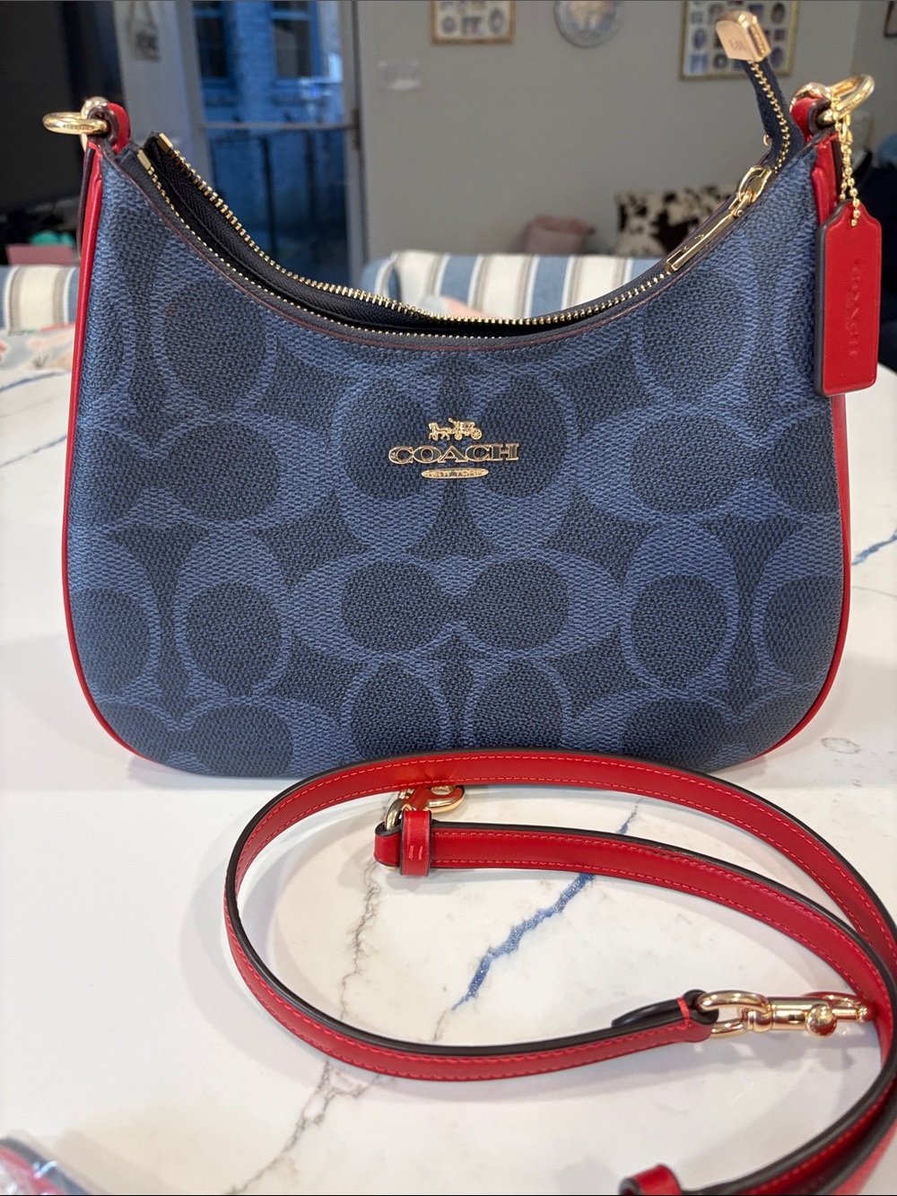 Coach Blue Signature Canvas Crossbody with Red Trim and Strap